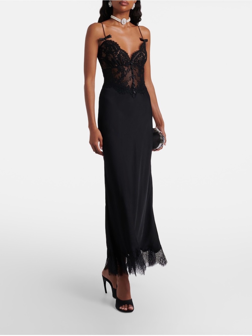 NEW Self-Portrait Black Satin Lace Sleeveless Midi Dress US 4 UK 8